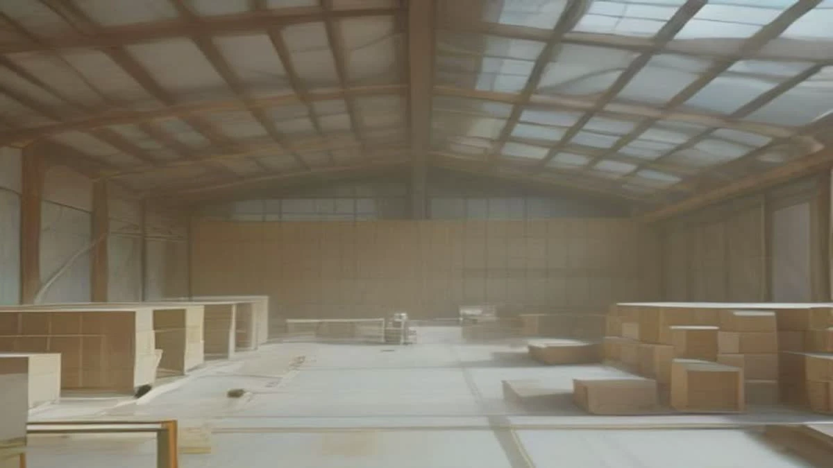 Illustration: wide establishing shot of a factory production line with machinery and a worker in a hard hat checking output