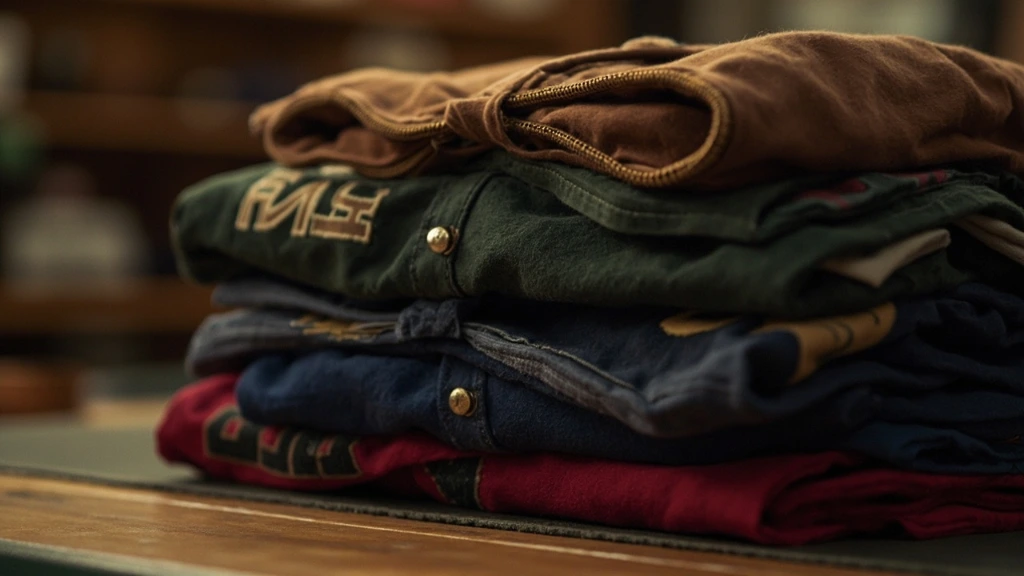 A stack of folded collegiate varsity jackets with chenille letter patches on a workshop table.