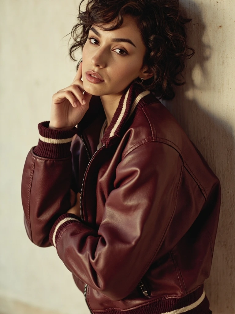 An oxblood leather cropped bomber jacket photographed in a clean studio setting.