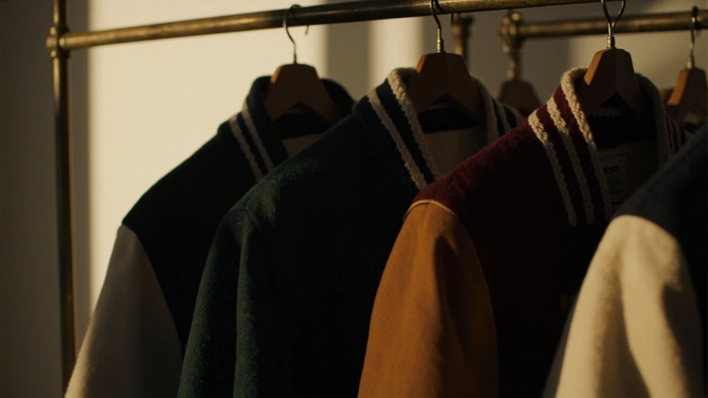 Three finished varsity jackets hanging on a brass rail in soft studio light