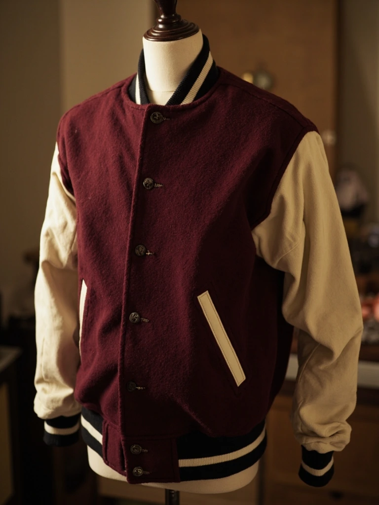 A finished oxblood wool varsity jacket with cream leather sleeves, draped on a tailor's form.