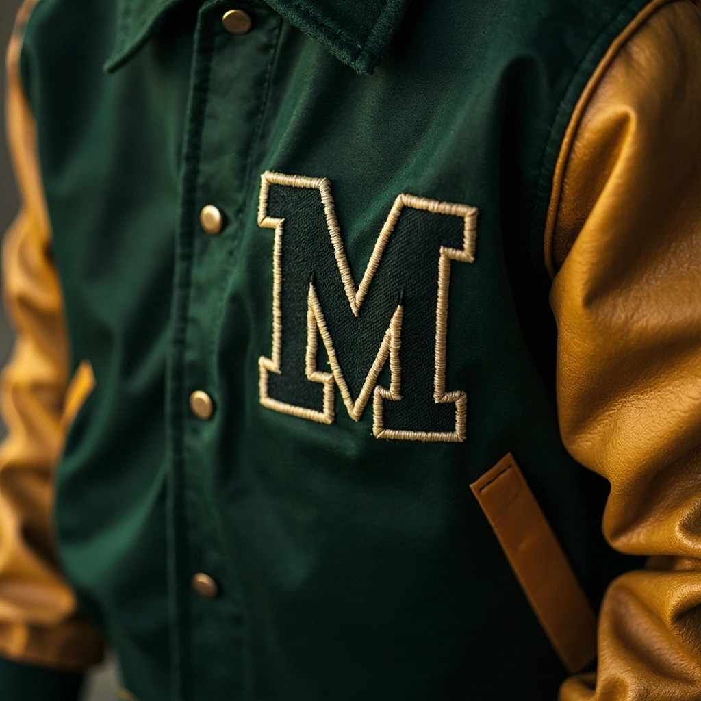 Forest green letterman jacket with mustard leather sleeves and a vintage cream chenille 'M'.