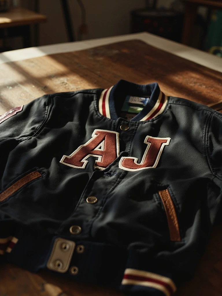A finished varsity jacket in production at the Alpha Jackets studio.